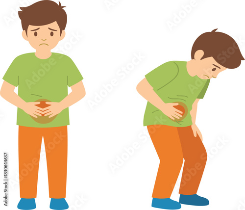Little Kid Character Holding His Hurt Belly in Two Poses, Illustrating Indigestion, Food Poisoning, and Health Issues Concept Art.