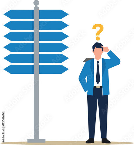 Pondering Businessman Scratching His Head Facing a Multi-Directional Signpost Illustrating Complex Career Decisions, Strategic Planning, and Future Path Vector.