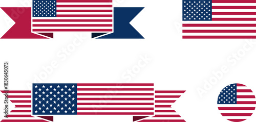 Set of US USA American Flag or Flag of United States of America including Short and Long Folded Ribbon Banner Style, Standard Plain and Round Shapes. Vector Image.