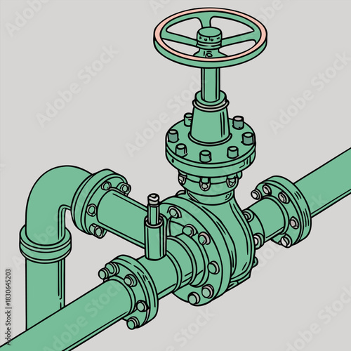 Industrial background featuring gas pipelines and valves, detailed steel structure, energy distribution concept, clean professional engineering illustration, realistic metallic design.