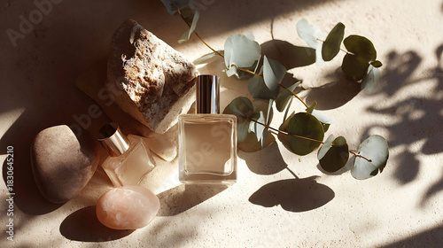Flat Lay Skincare Bottles with Natural Stones and Eucalyptus
