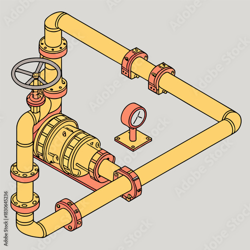 Metallic gas pipes and valve system forming industrial pipeline background, detailed engineering components, energy sector concept, clean structured illustration.