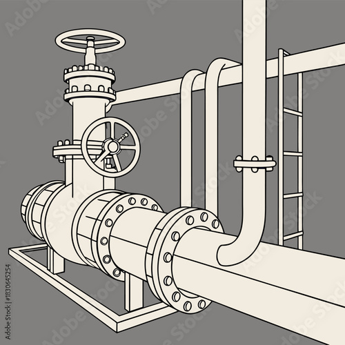 Industrial gas pipes and valves forming a pipeline background, detailed metallic elements, engineering infrastructure theme, high-quality clean illustration.