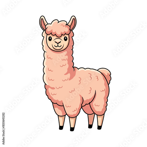 Cute Cartoon Llama Standing Adorable Fluffy Animal Illustration.