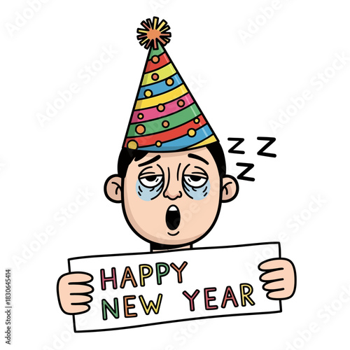 Tired man in party hat holding Happy New Year sign.