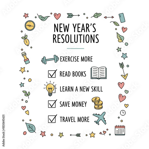 New Years Resolutions List with Icons and Checkmarks.