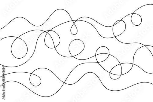 Continuous wavy thread drawing, curly squiggly cable pattern in chaotic abstract linear vector style