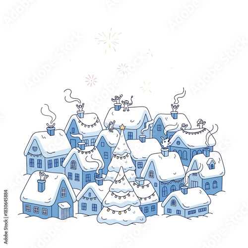 Charming Winter Village Scene with Snow-Covered Houses and Festive Christmas Trees.