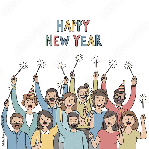Joyful diverse group celebrating New Year with sparklers and smiles.