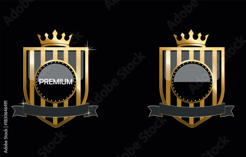 Premium golden shield badge design with crown emblem label for luxury product branding