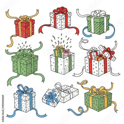 Collection of Hand Drawn Gift Boxes with Ribbons and Bows.