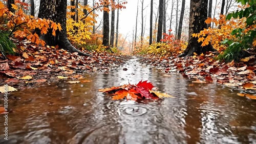Autumn forest path wet ground leaf fall season natural colors