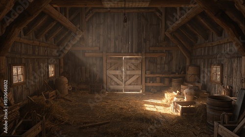 3d rustic barn interior with wooden beams, hay, farm tools and warm sunlight illuminating natural textures. cozy rural environment
