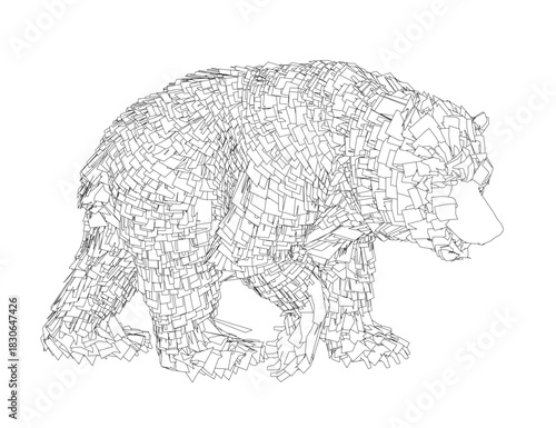 A walking grizzly bear contour constructed from small black squares creates a minimalist geometric animal illustration on a clean white background.