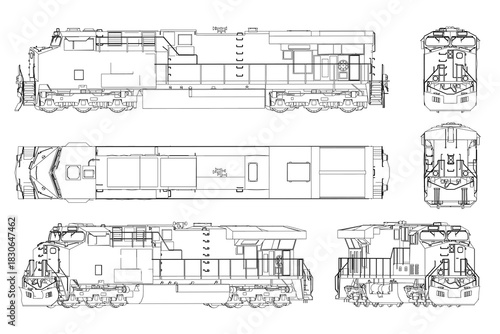 Blueprint of a diesel locomotive in a detailed technical drawing set. The contour illustration shows the engine, transmission, and other mechanical components on a clean white background.
