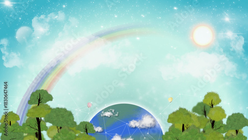 Bright futuristic eco-illustration showing a connected Earth with trees, rainbow, and glowing sun. Represents sustainability, green energy, and the harmony between nature and modern technology.