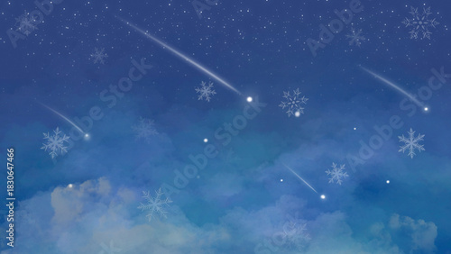 A dreamy winter night sky background featuring soft blue clouds, sparkling stars, glowing shooting stars, and delicate white snowflakes drifting across the scene.