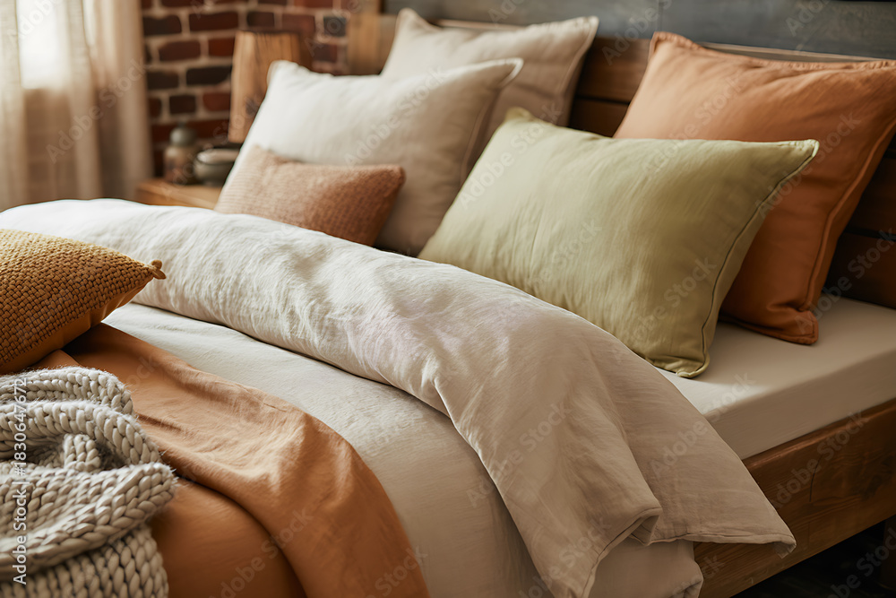 Obraz premium Cozy bedroom scene featuring a softly lit bed adorned with plush pillows and textured throws creating a relaxing ambiance