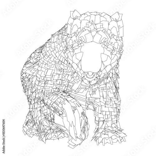 A walking grizzly bear depicted in a black and white contour drawing with sketch-like details and visible fur texture on a clean white background.