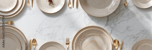 Beige round rimmed plates a...
