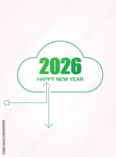 Happy New Year 2026 in a green cloud outline, symbolizing future technology and cloud computing concepts.