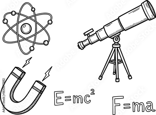 Playful Physics Doodle Icons, Fundamental Concepts, Black Outline Sketch, Educational Set, Isolated