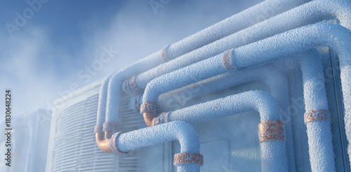 Close-up of industrial refrigeration pipes covered in frost and ice, showing frozen system surface under cold weather conditions with visible condensation and rust.