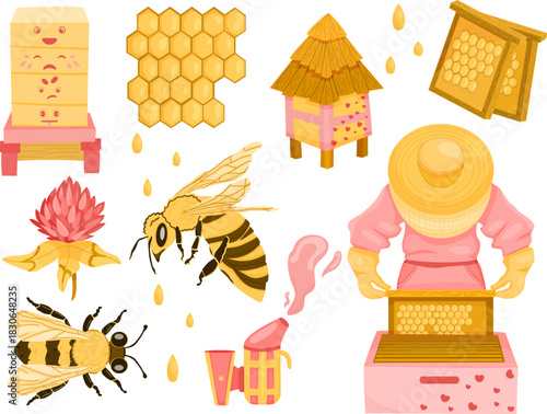 Colorful beekeeping vector set with hives, bees, honeycombs, flowers, smoker, and a beekeeper in protective gear. Ideal for educational materials, children’s books, honey products.