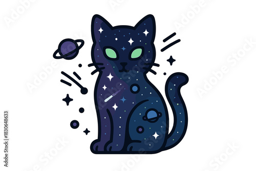 Mystical cosmic cat sitting with glowing green eyes and galaxy pattern fur