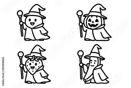 Four cute cartoon food characters dressed as wizards holding magic staffs