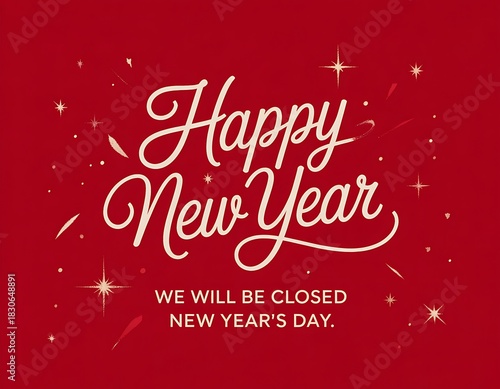Elegant happy new year message with sparkling festive lights and announcement of closure on new year s day