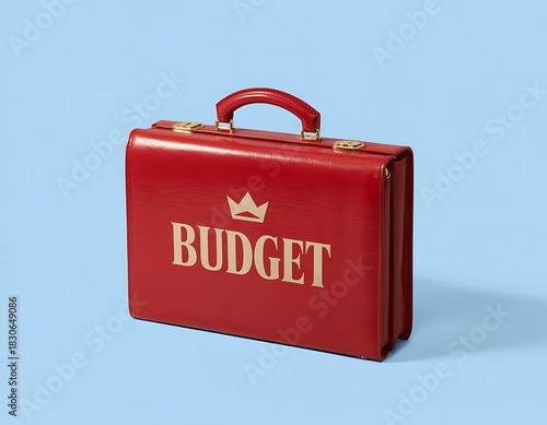 A bright red briefcase with the word budget and a crown symbol embossed on it set against a solid blue background