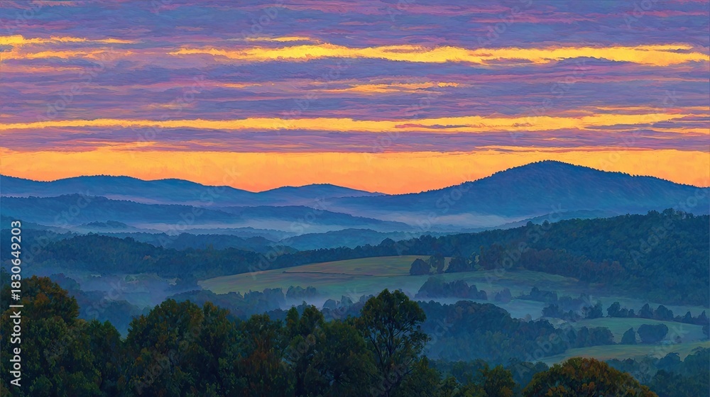 Fototapeta premium Colorful Sunrise Over Misty Mountains