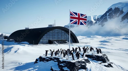 Wallpaper Mural British Antarctic Base Penguins Salute Union Jack in Snowy Landscape. Torontodigital.ca