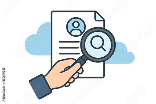 Hand holding magnifying glass reviewing resume document stored in the cloud