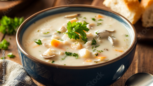 A classic bowl of creamy New England clam chowder topped with fresh parsley, served with bread on a rustic wooden table.