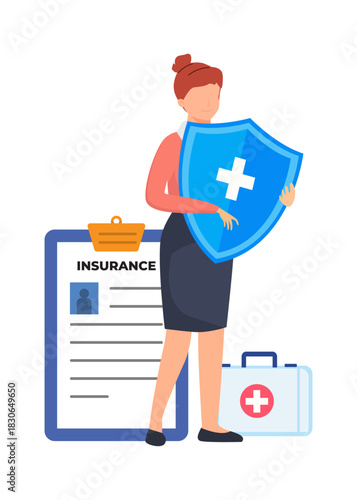 Woman holding Blue Shield or Health Insurance concept stock illustration.