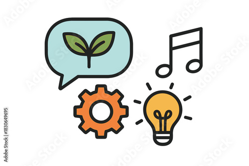 Symbols for environmental communication, mechanical process, creative ideas, and musical inspiration