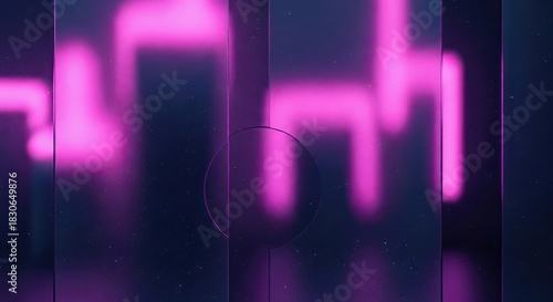 Horizontal abstract background featuring neon pink geometric shapes seen through distorted frosted glass, perfect for cyberpunk designs and web headers