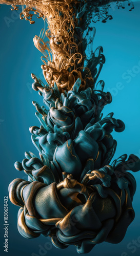 Vertical abstract background of teal and gold ink dropping into water with metallic texture, creating a luxury fluid art plume for social media stories