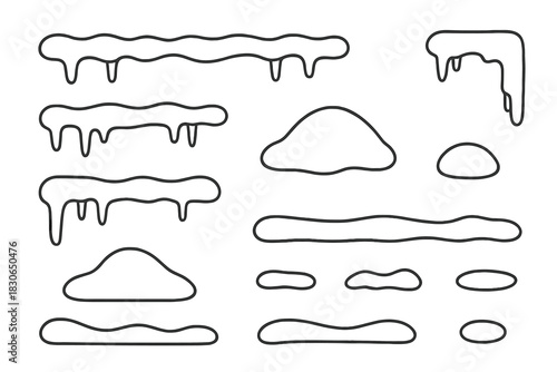 Outline shapes of melting snow caps, dripping icicles, and winter borders for design