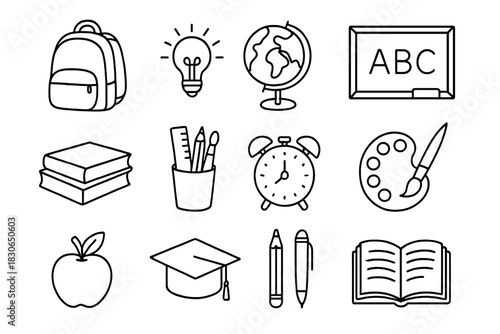 Collection of simple doodle style line art icons representing education and school supplies objects