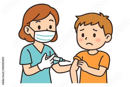 Healthcare professional administers vaccination shot to nervous young boy