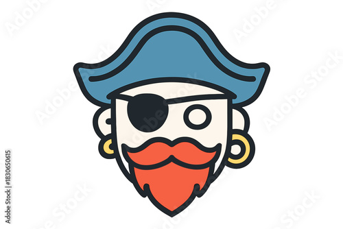 Stylized cartoon pirate head wearing a blue tricorn hat, eyepatch, red beard, and gold earring