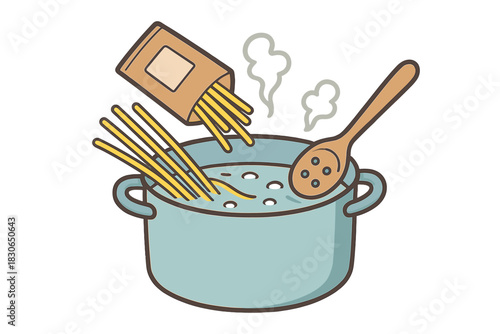 Cooking spaghetti pasta in a boiling pot of water with a wooden spoon
