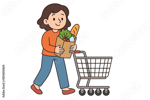 Happy woman walking with a paper bag full of fresh groceries and a shopping cart