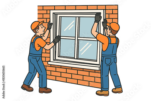 Two professional handymen installing a new window frame into a brick wall during home renovation