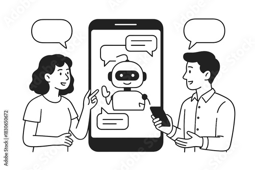 Users communicating with an artificial intelligence chatbot on a smartphone for digital customer service