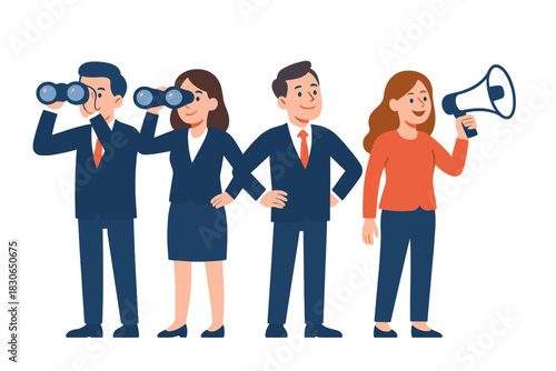 Business team searching for opportunities and communicating strategy with binoculars and megaphone
