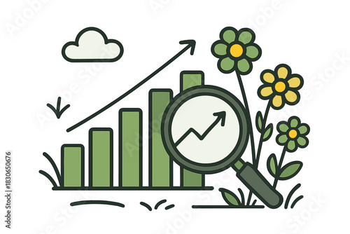 Upward trending bar chart and magnifying glass examining ecological business metrics